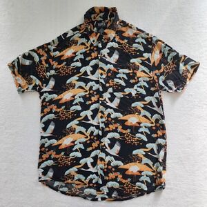 Super Massive Crane Button Up Shirt Mens Medium Black Blue Bird Japanese Print